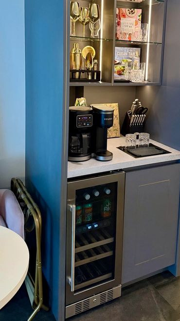 Bar area, Wine fridge, coffee.