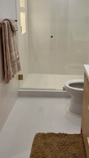 Bathroom , Rain Shower head, Vanity with storage.