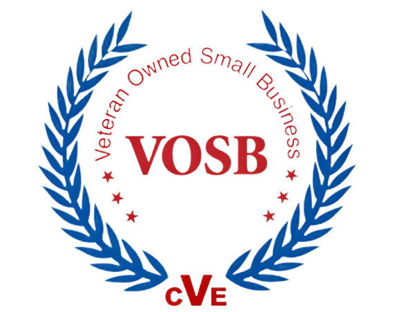 Logo for a Veteran Owned Small Business (VOSB) with a blue laurel wreath.