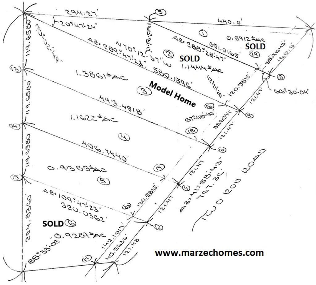 Hand-drawn plot map showing sold and available lots for model homes.