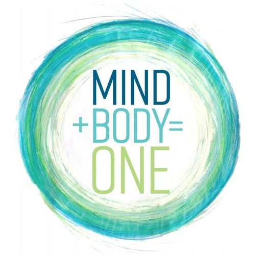 blue/green/yellow circle with the words "mind+body=ONE" embedded inside