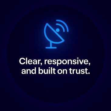 Blue satellite icon with text “Clear, responsive, and built on trust.” on dark circular background.