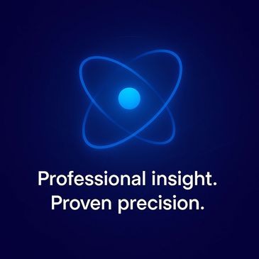 Blue glowing atom icon with white text “Professional insight. Proven precision.”