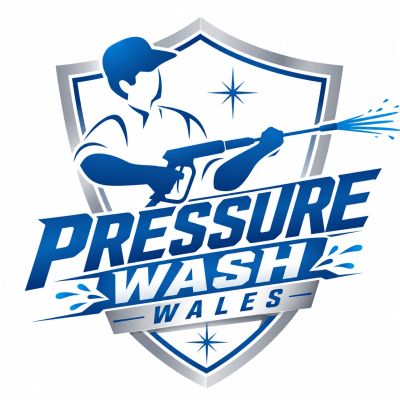 Logo of Pressure Wash Wales with a person using a pressure washer.