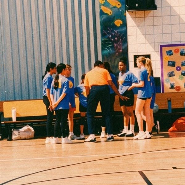Coach giving a pep talk to a youth basketball team.