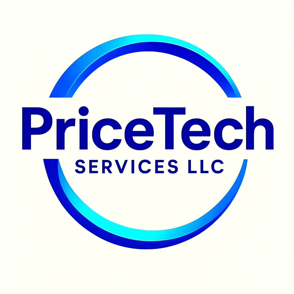 Logo of PriceTech Services LLC with blue gradient circular design.