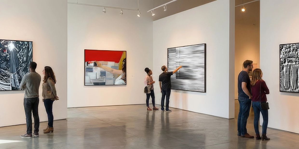 People at a gallery viewing artwork by sound and visual artist MiE Fielding