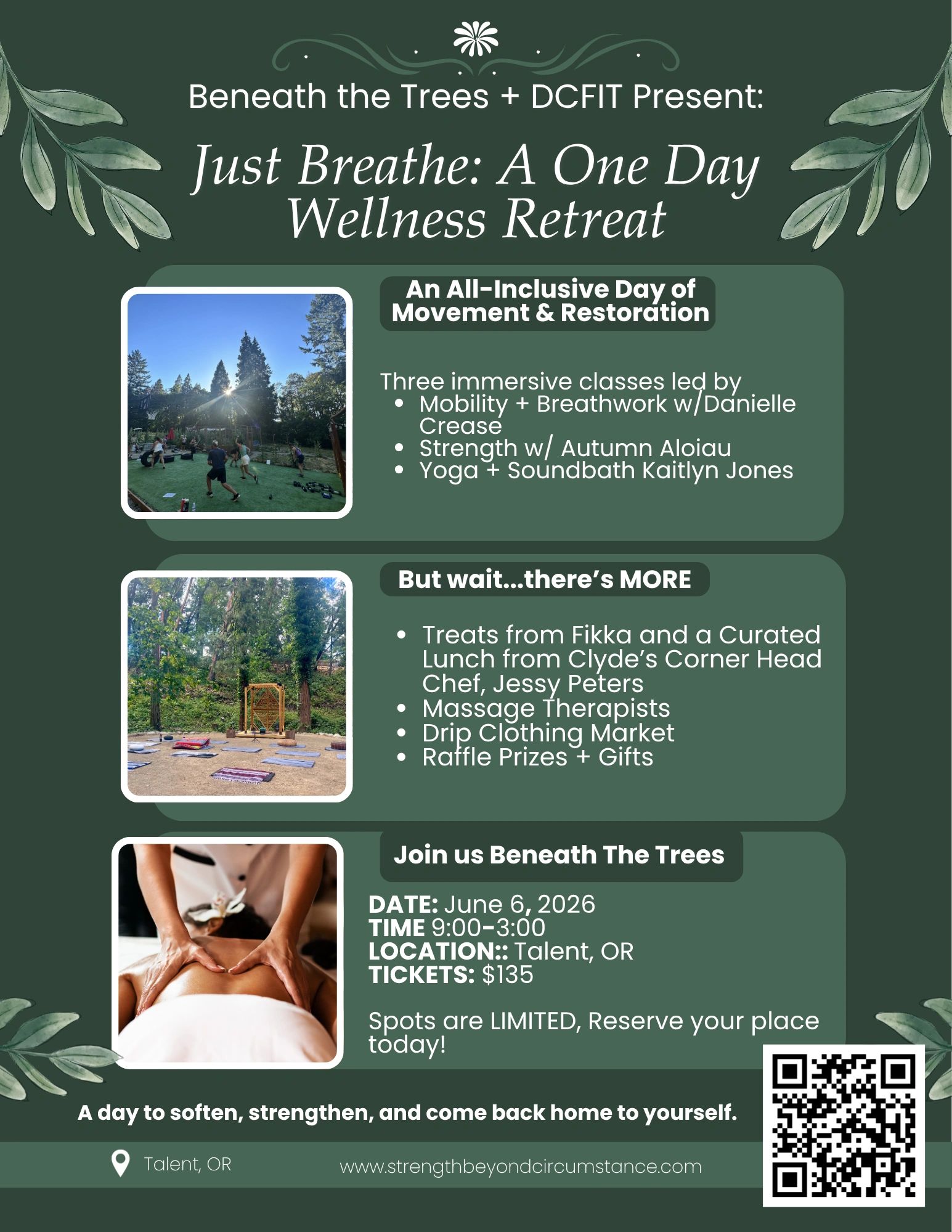 Flyer for a one-day wellness retreat featuring movement, restoration, treats, massage, and more in Talent, OR.
