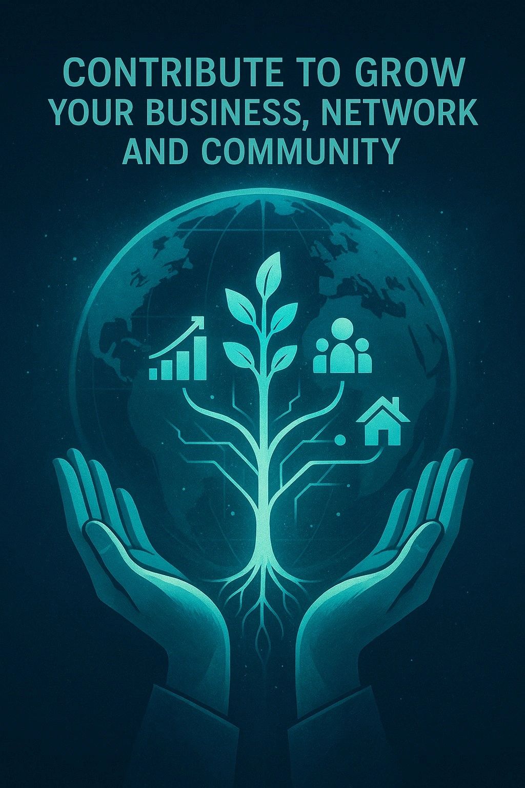 G20, Art Basel, Chamber, Hands nurturing a plant symbolizing business growth, network, and community.