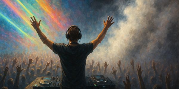 DJ performing live with colorful lights and energetic crowd.