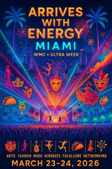 Vibrant Miami event poster for WMC + Ultra Week, March 23-24, 2026, featuring arts, music, acrobats, and more.