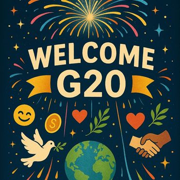 Colorful welcome sign for G20 with fireworks, earth, dove, and handshake.