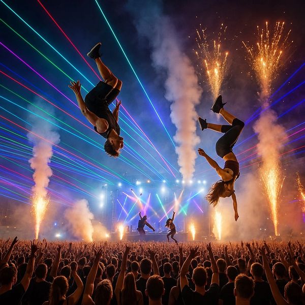 G20, Art Basel, Chamber, Acrobats perform flips at a vibrant concert with fireworks and laser lights.