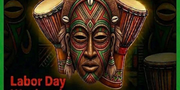 African mask with drums celebrating Labor Day.