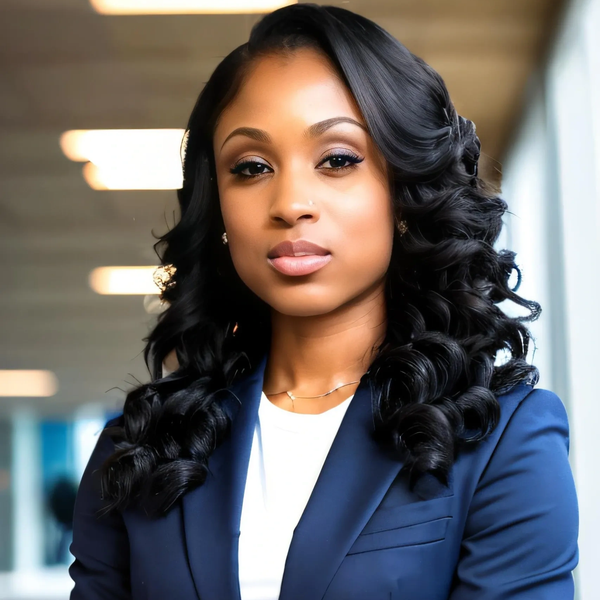 Confident woman with curly hair in professional attire.