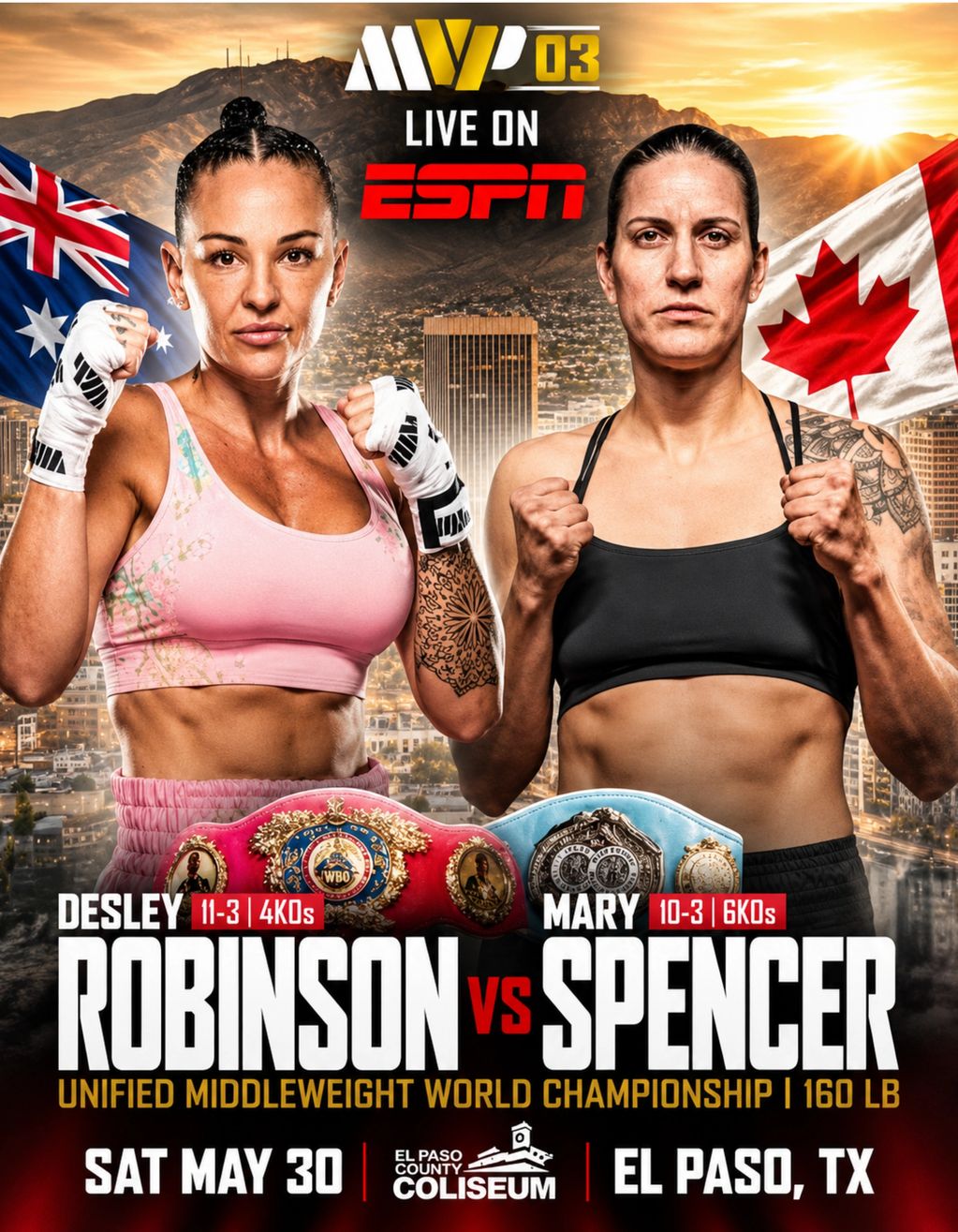 Desley Robinson IBF & WBO World Middleweight Titles decision victory over Mary Spencer.
