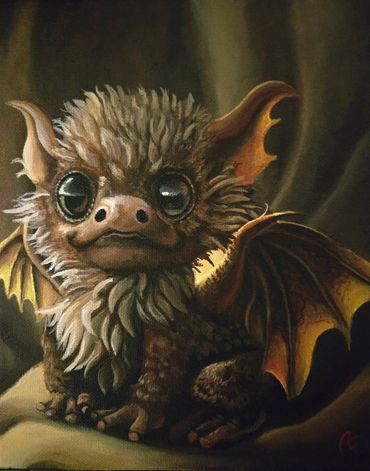 A cute, fluffy baby dragon with large eyes and tiny wings.
