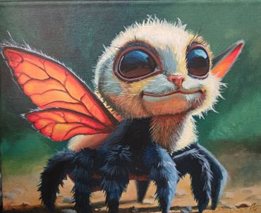 A whimsical creature with big eyes, orange wings, and fuzzy black legs on a natural background.