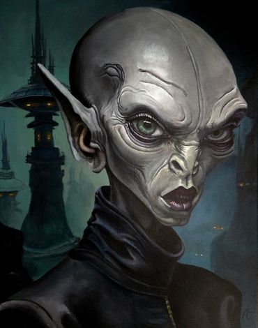 Portrait of an alien with large ears and green eyes in a futuristic city.