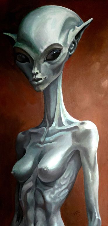 Painting of a slender, humanoid alien with large eyes and elongated features.