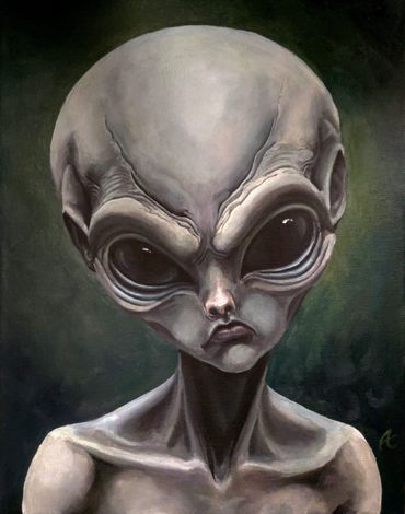 Painting of a somber alien with large eyes and a bald head.