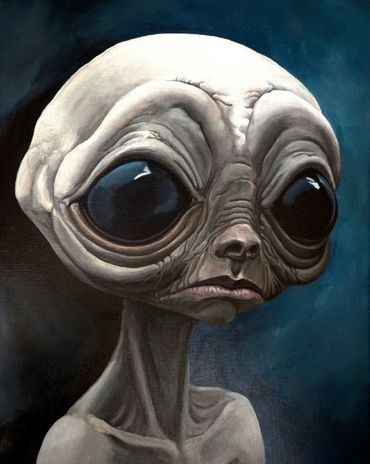 A detailed painting of an alien with large eyes and wrinkled skin.