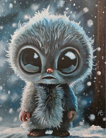 A wide-eyed creature in a fluffy coat stands in a snowy scene.