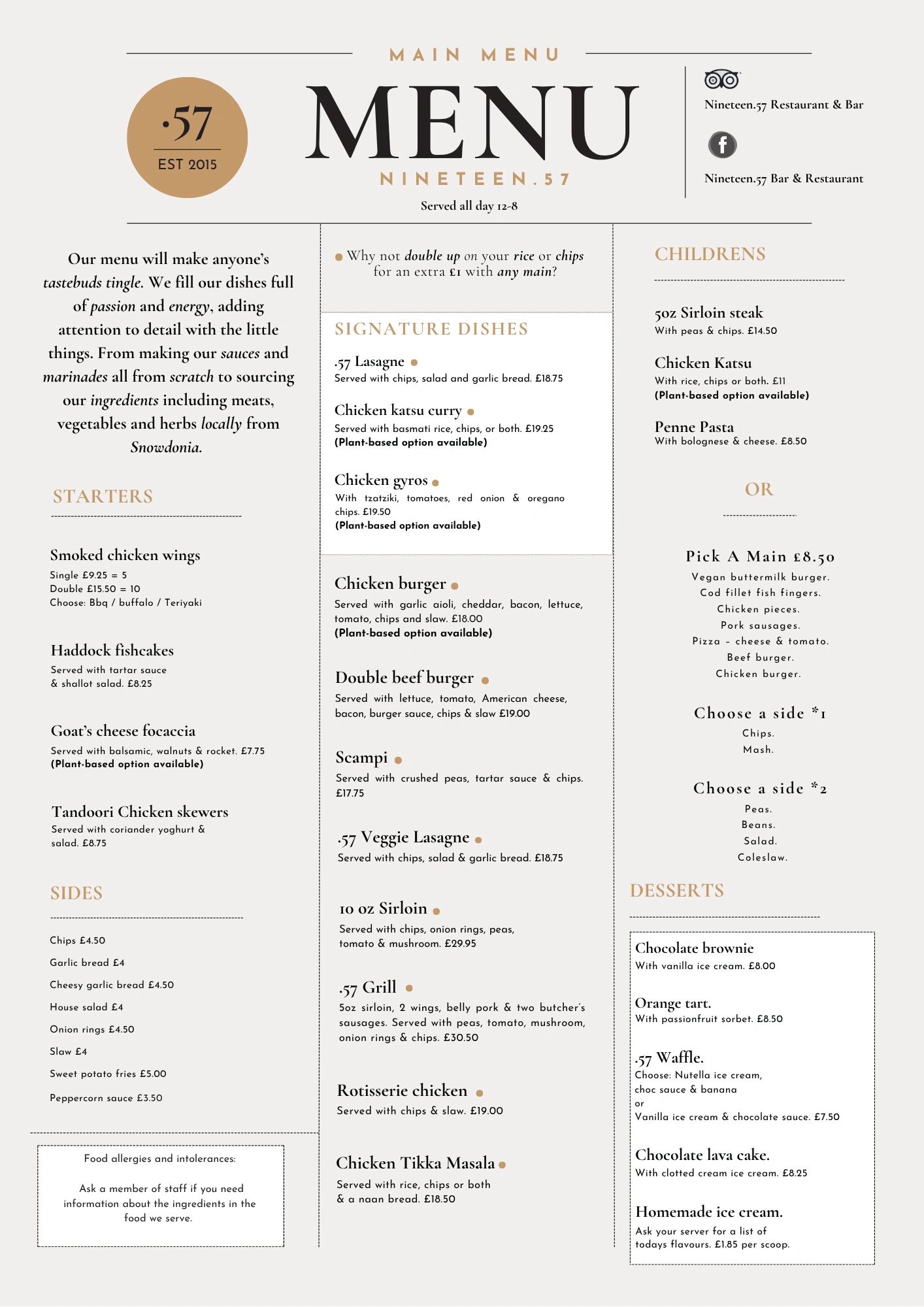 Restaurant menu featuring starters, signature dishes, children’s meals, sides, and desserts.