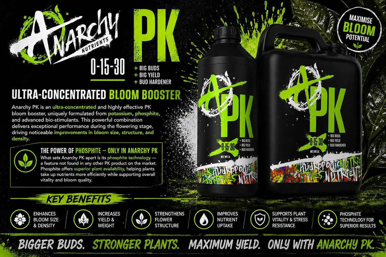 Anarchy PK ultra-concentrated bloom booster enhances plant growth and yield.