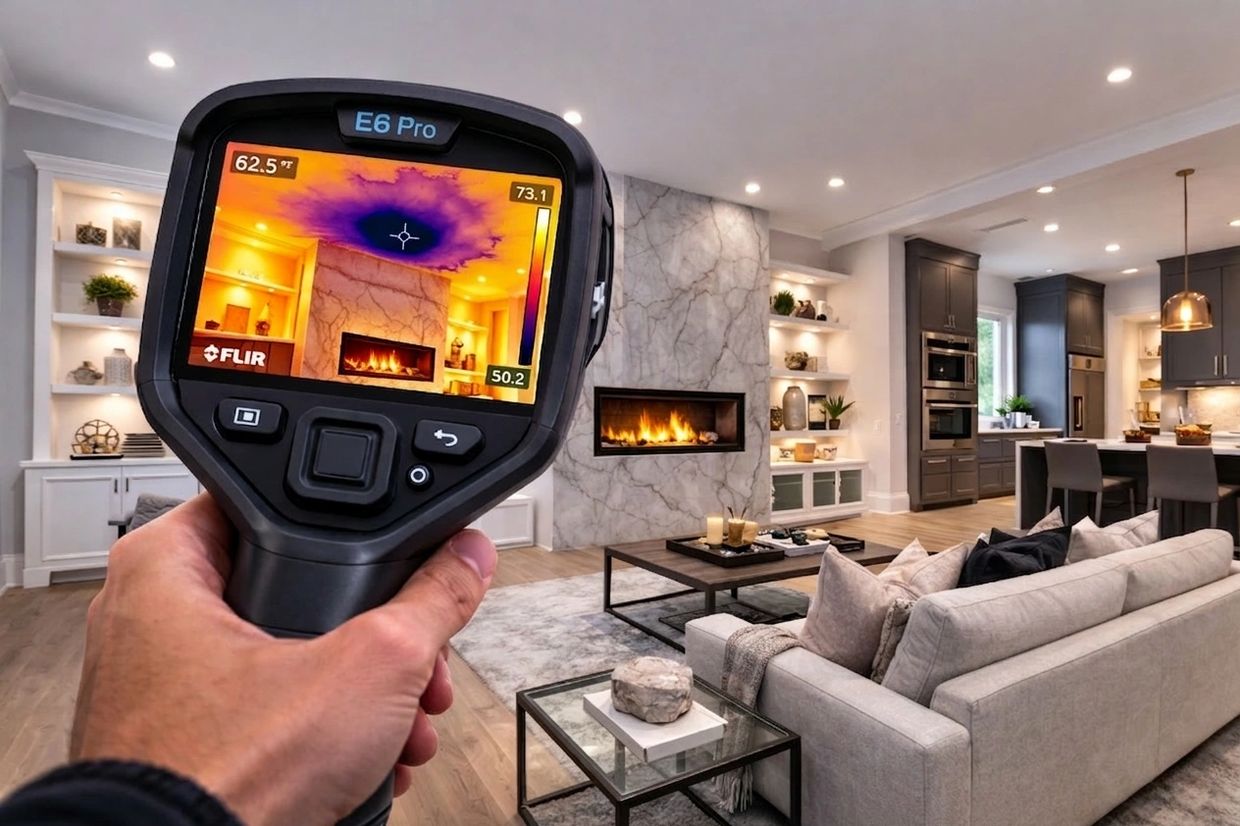 Thermal imaging camera detecting potential hidden moisture issues in a residential home
