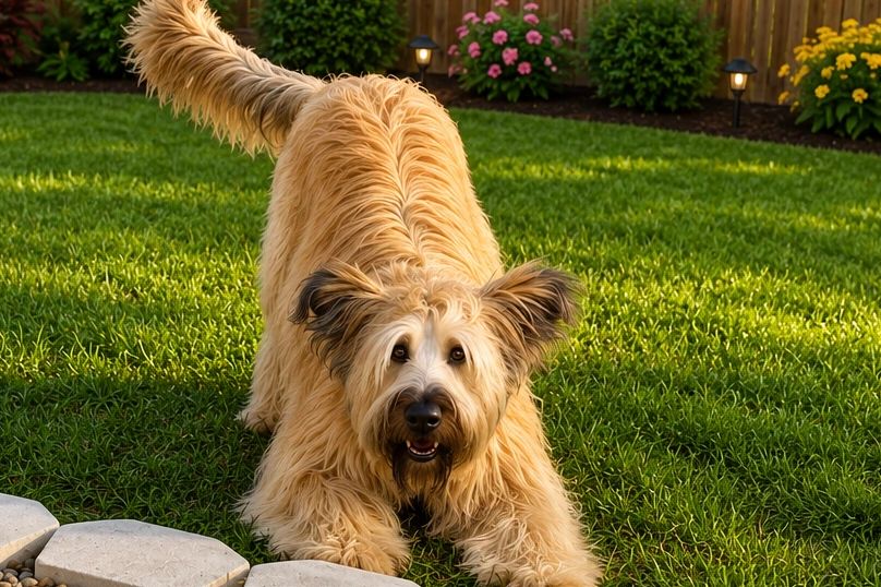 Playful fluffy dog in a backyard.