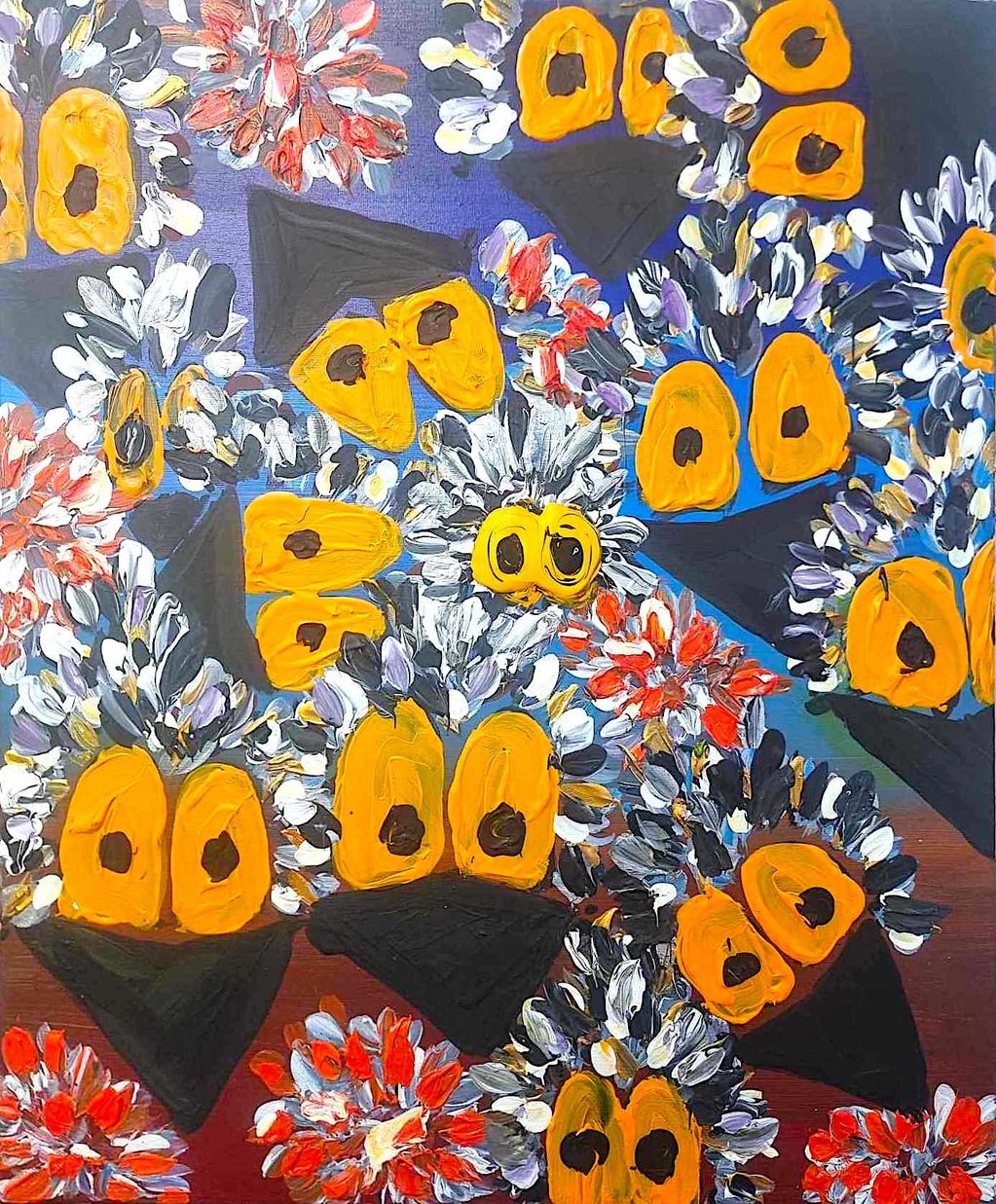 Abstract floral painting with vibrant orange and red flowers on dark background.