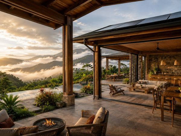 Open patio with fire pit overlooking misty mountains at sunrise.