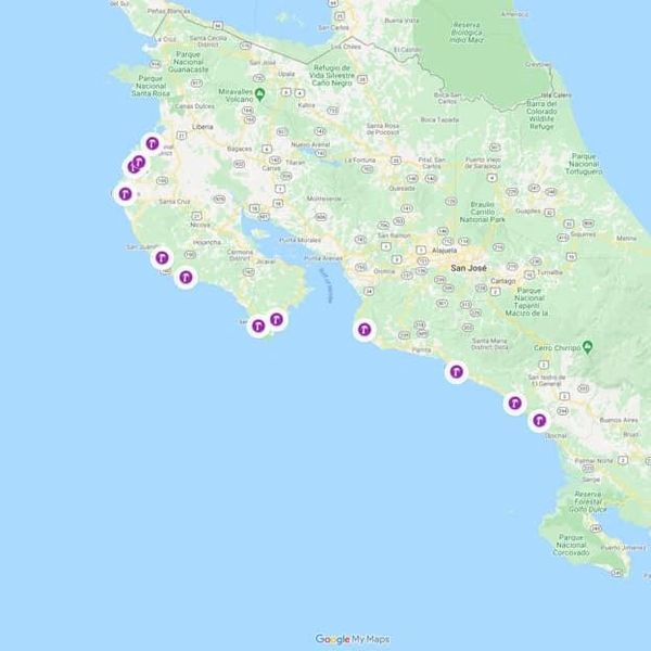 Map showing marked locations along the Pacific coast of Costa Rica.