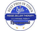Blue and white background w/ text Best Pros in Town Ridge Zeller Therapy Occupational Therapy