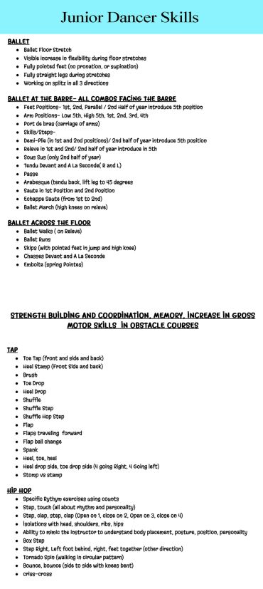 A detailed list of junior dancer skills covering ballet, strength building, and hip hop techniques.
