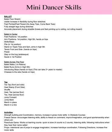 Informative poster detailing mini dancer ballet and tap skills with activities.