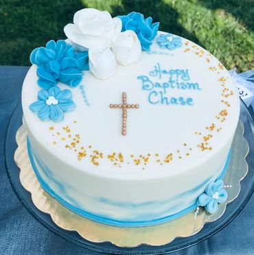 A cake for happy baptism chase in white color 