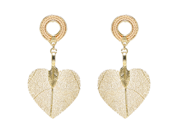 Delicate gold heart-shaped leaf earrings with woven circular tops.