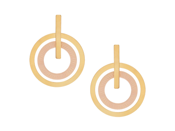 Gold earrings with concentric circular design and pink inner ring.