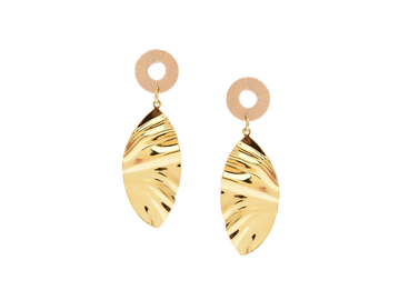 Elegant gold leaf-shaped dangle earrings with beige circular tops.