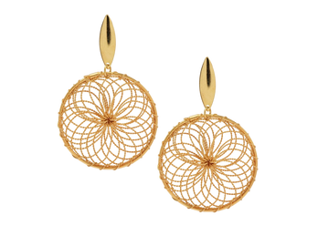 Elegant gold circular earrings with intricate woven floral design.