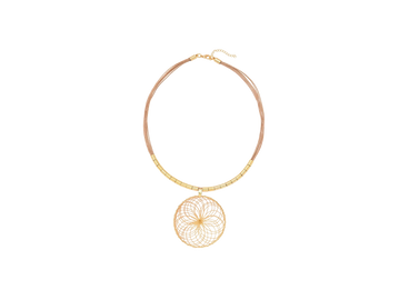 Elegant gold necklace with a circular pendant featuring intricate geometric patterns.