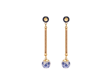 Elegant gold earrings with blue floral porcelain balls.
