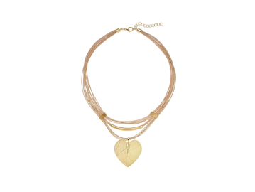 Elegant gold-tone necklace with a heart-shaped leaf pendant and multi-strand chain.