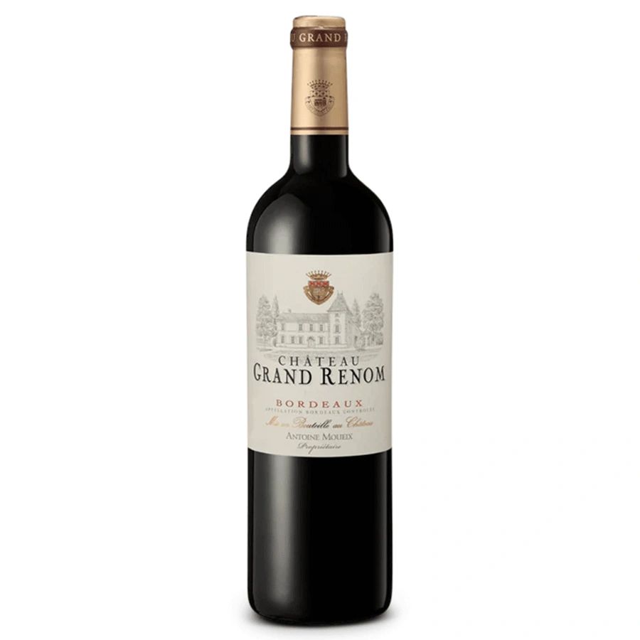 A bottle of Château Grand Renom Bordeaux red wine with an elegant label.
