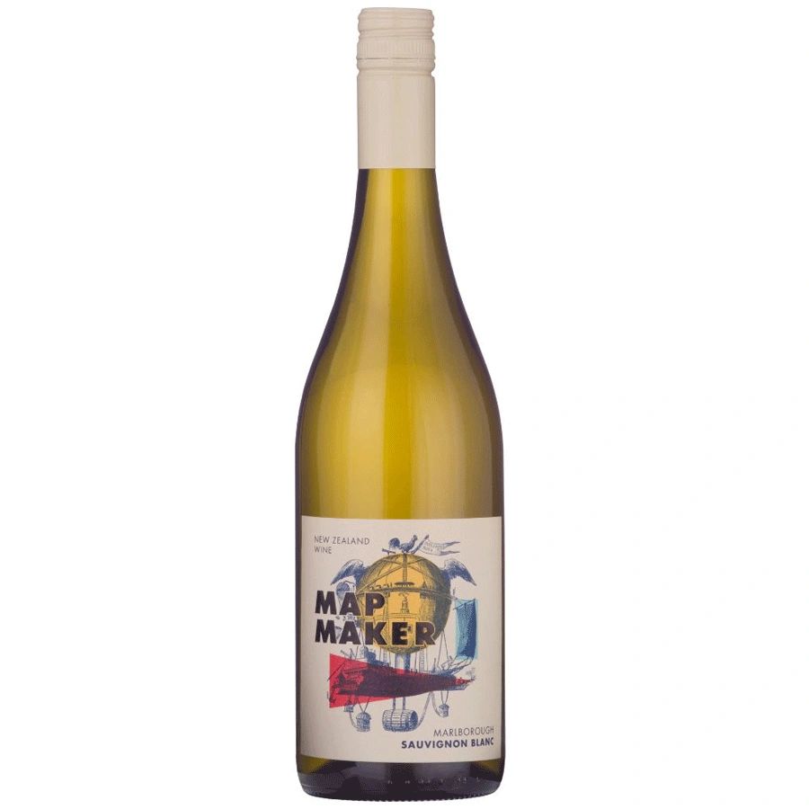 Bottle of Map Maker Sauvignon Blanc white wine from Marlborough, New Zealand.