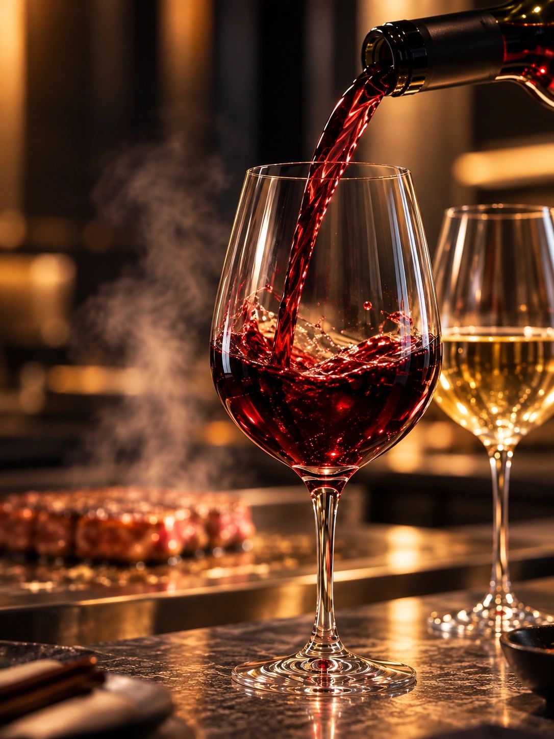 Red wine being poured into a glass with a steak cooking in the background.