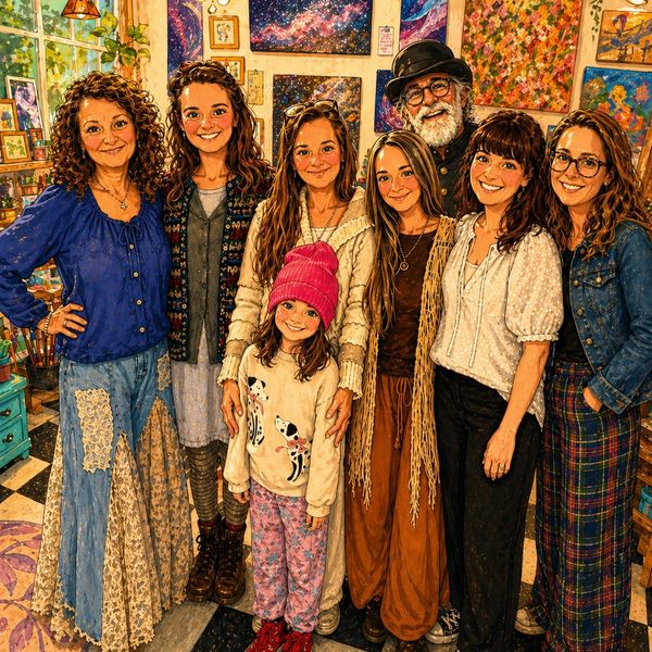 A joyful family portrait in a cozy, art-filled room.