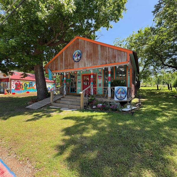 Rustic colorful shop surrounded by trees on a sunny day.